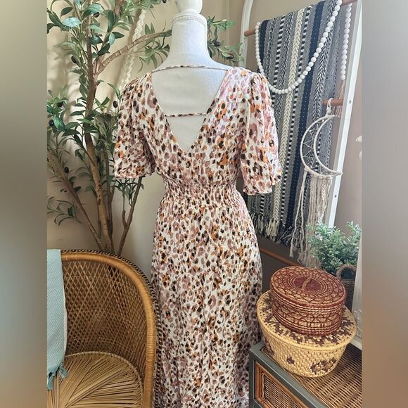 Lola Grace Pink Orange Leopard Print Button Down Smocked Flutter Sleeve Dress - Picture 2 of 10